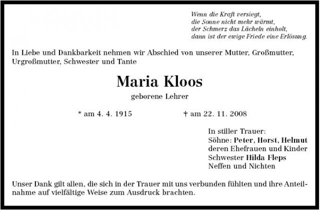 Lehrer Maria 1915-2008 Todesanzeige